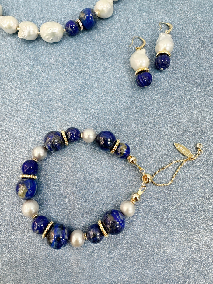 Nugget Blue Lapis with Gray Freshwater Pearls Adjustable Bracelet LB011