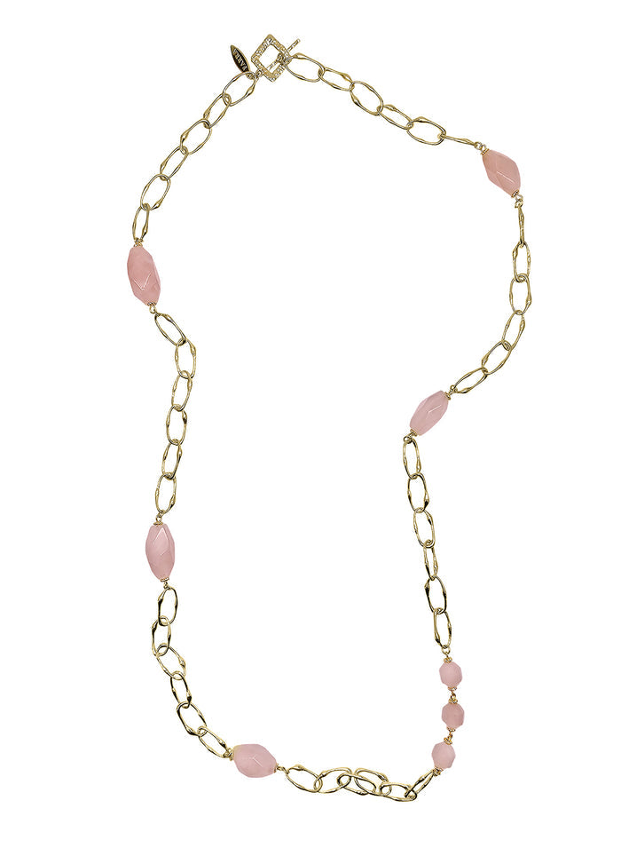 Nugget Rose Quartz With Chain Long Necklace PN036