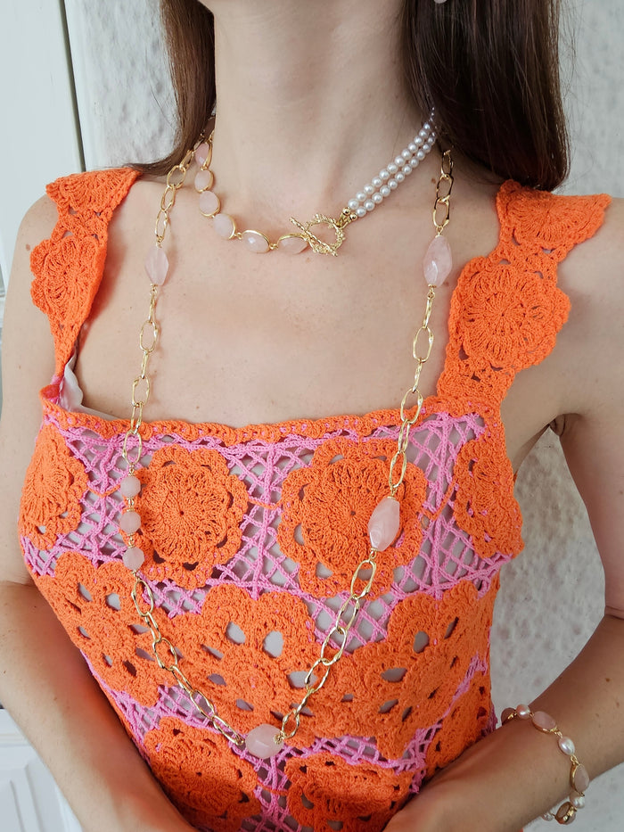 Nugget Rose Quartz With Chain Long Necklace PN036