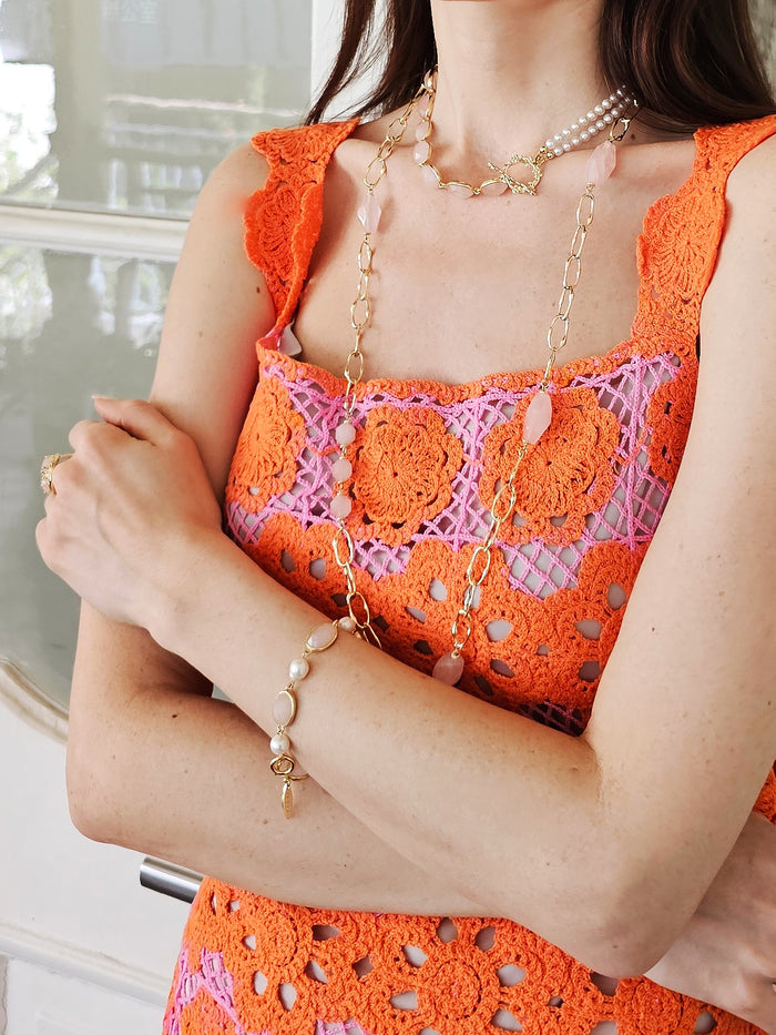 Nugget Rose Quartz With Chain Long Necklace PN036