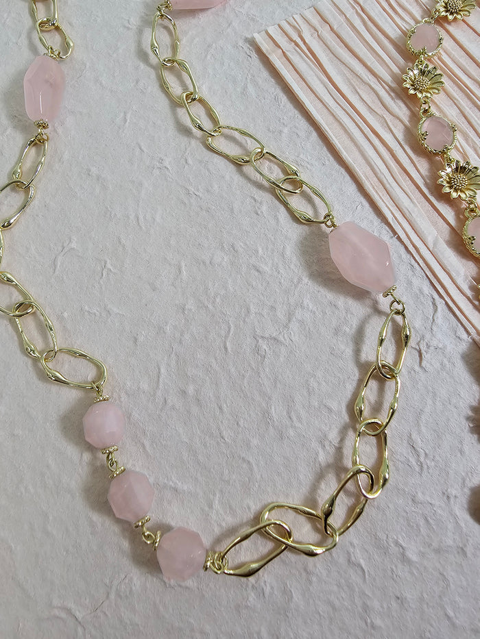 Nugget Rose Quartz With Chain Long Necklace PN036