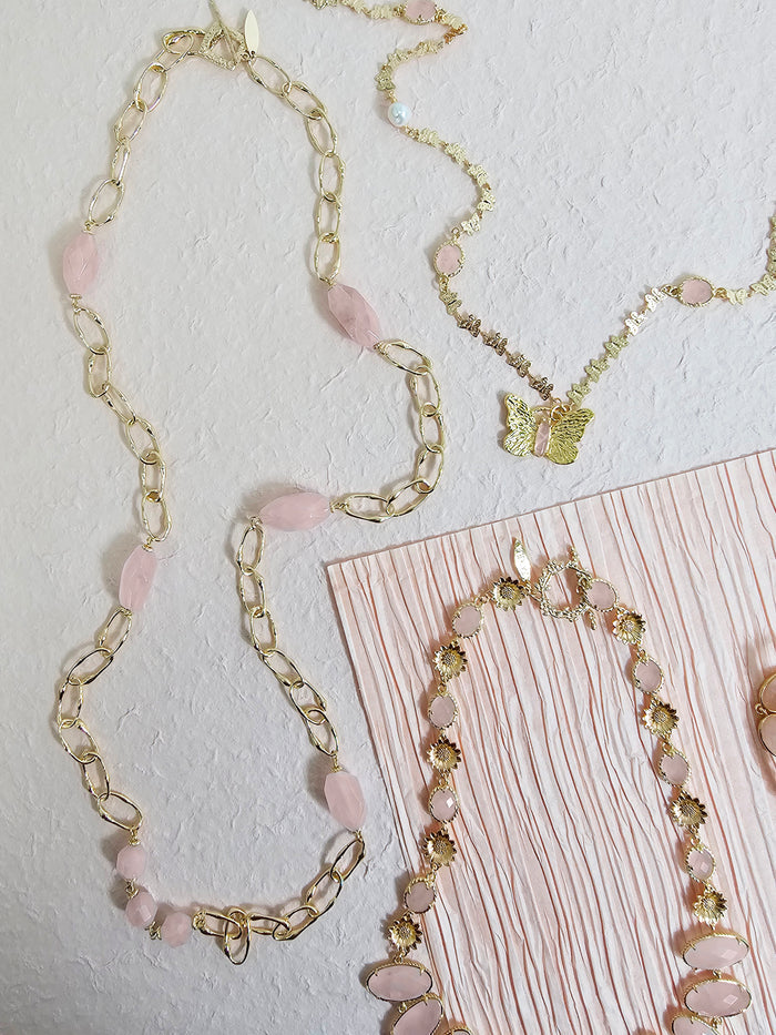 Nugget Rose Quartz With Chain Long Necklace PN036