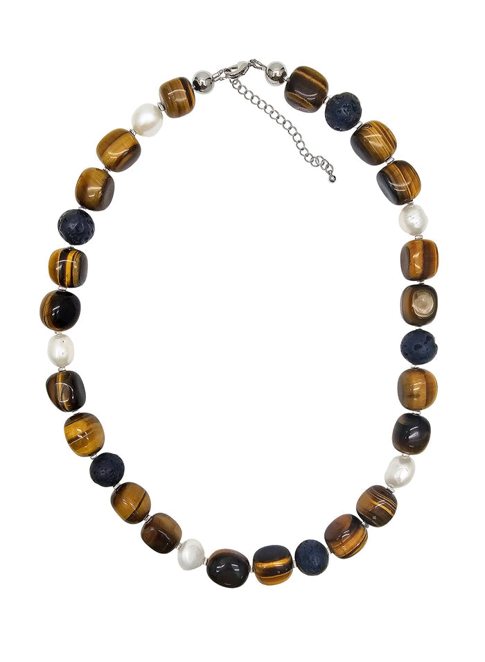 Nugget Tiger-eye Stone With Freshwater Pearls Men's Necklace MEN18
