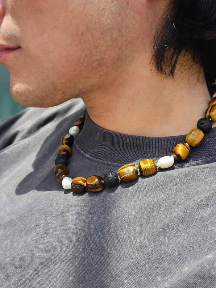 Nugget Tiger-eye Stone With Freshwater Pearls Men's Necklace MEN18