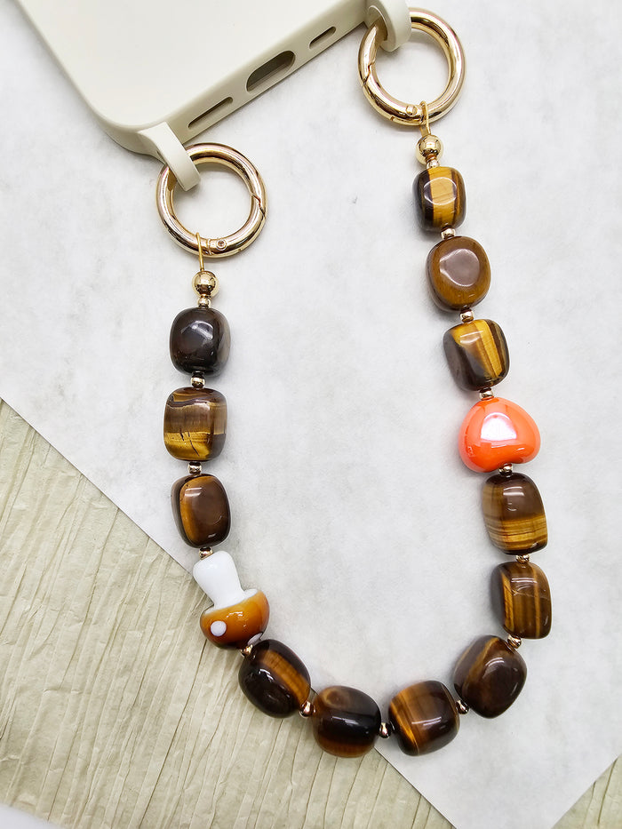Nugget Tiger-eye Stone With Mushroom And Heart Short Phone Strap PC025