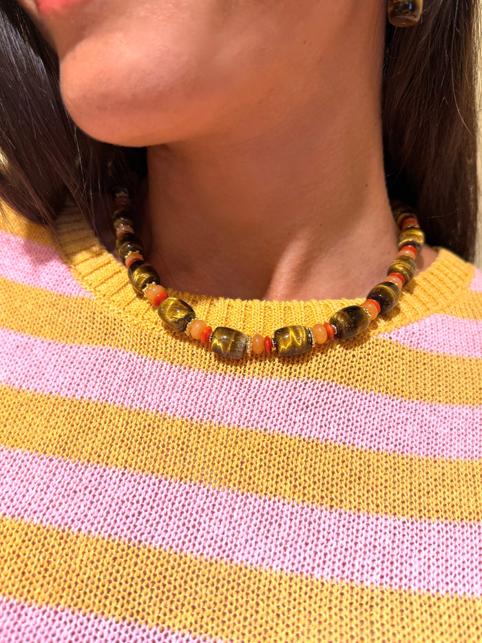 Nugget Tiger-eye Stone With Orange Gemstone Necklace SN007