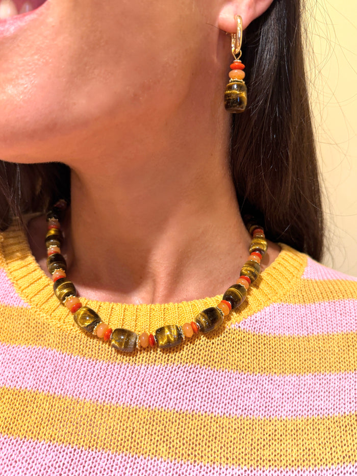 Nugget Tiger-eye Stone With Orange Gemstone Necklace SN007