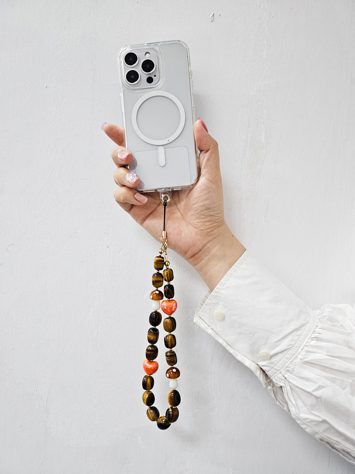Nugget Tiger-eye With Mushroom And Heart Phone Strap PC024
