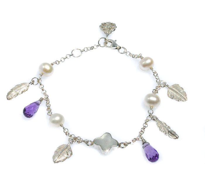 A bracelet featuring silver-colored beads, white pearls, purple amethyst drops, and metallic feather charms, with an adjustable clasp.