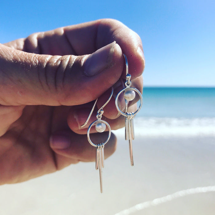 Sterling silver dangly hook earrings with dainty pearl