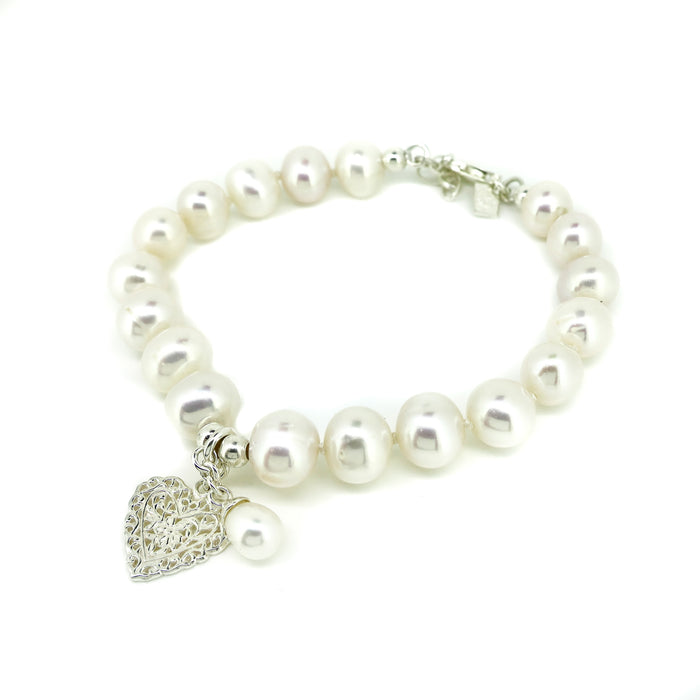 Ocean Hearts Pearl Silk Knot Adjustable Bracelet with Sterling Silver Heart/Clasp