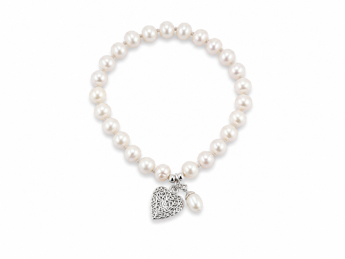 Pearl Silk Knot Bracelet Heart Pearl Charm featuring genuine freshwater pearls and a sterling silver heart charm.