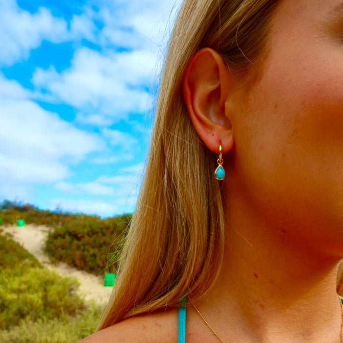 gold larimar dew drop shaped hoop sleeper earrings