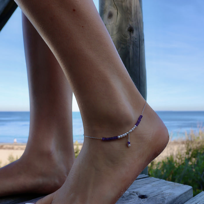 dainty beachy anklet with pearls and amethyst gemstones on silver chain designed by Lush Designs Broome Australia