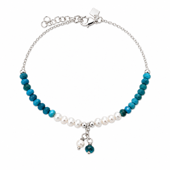 Bracelet with blue Apatite gemstones, pearls, and silver beads