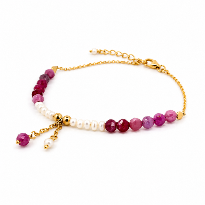 Dainty gold pearl bracelet detailed with ruby gemstones designed in Broome Western Australia
