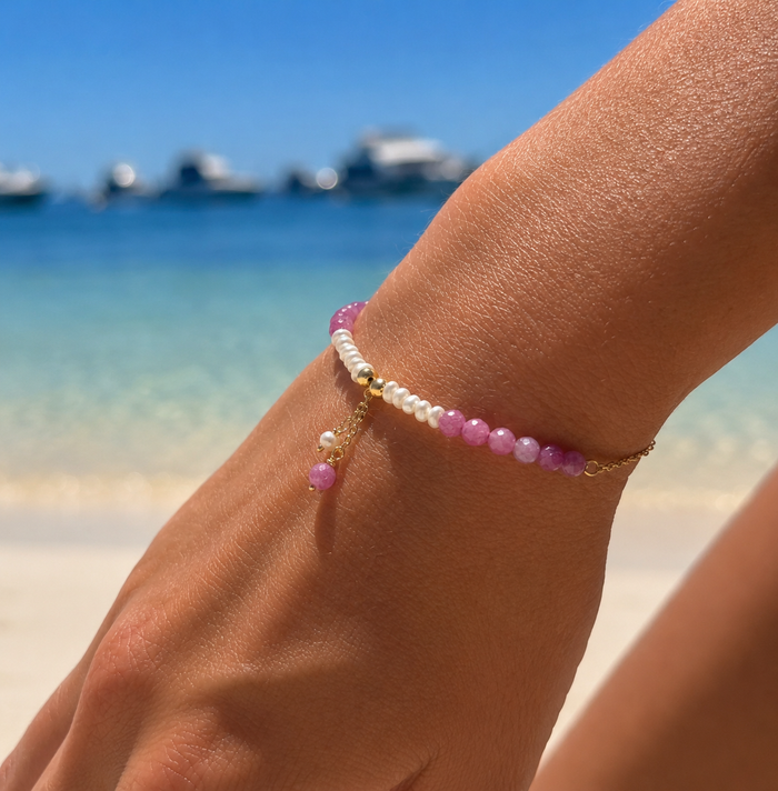 Dainty gold pearl bracelet detailed with ruby gemstones designed in Broome Western Australia