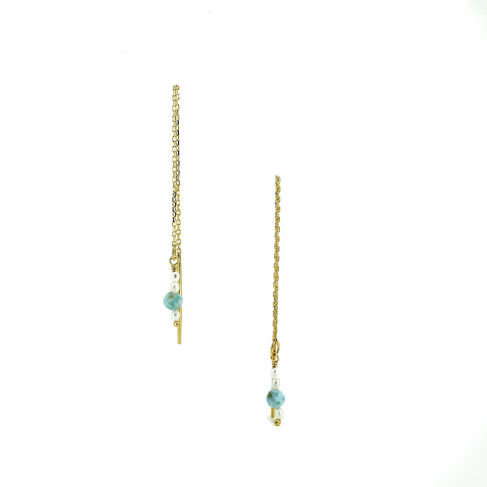 Larimar threader earrings gold vermeil with freshwater pearl Australian coastal jewellery