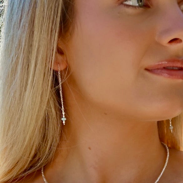Ocean Spell Pearl Larimar Thread Earrings featuring genuine Larimar gemstones and freshwater pearls in sterling silver.