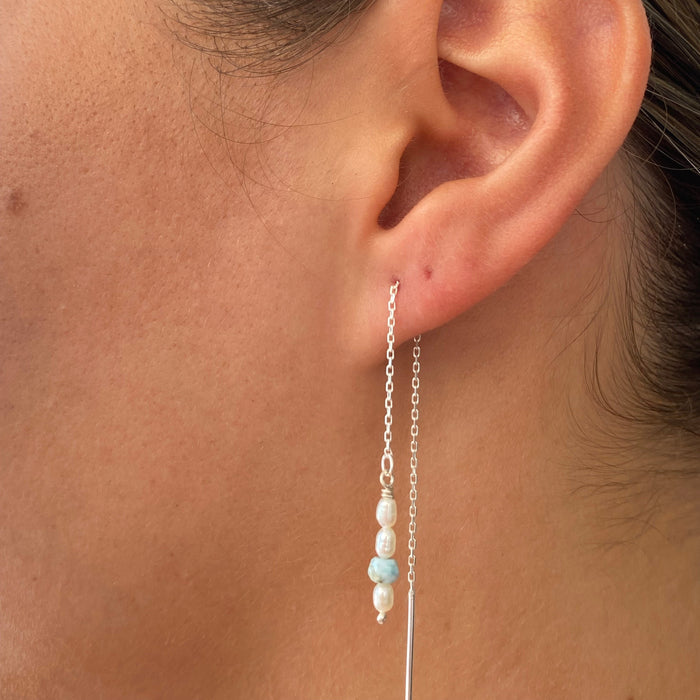 Ocean Spell Pearl Larimar Threads | Sterling Silver Larimar Earrings
