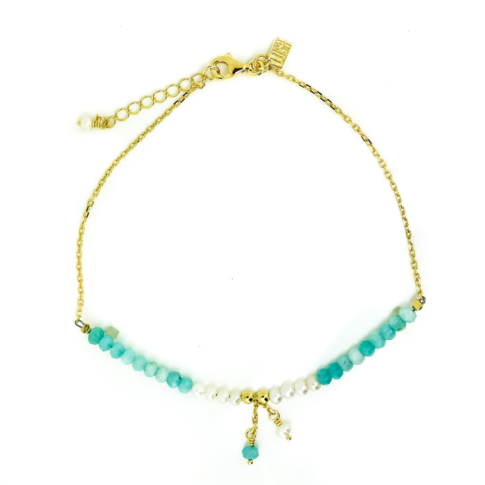 beachy pearl anklet with blue gemstones and pearls