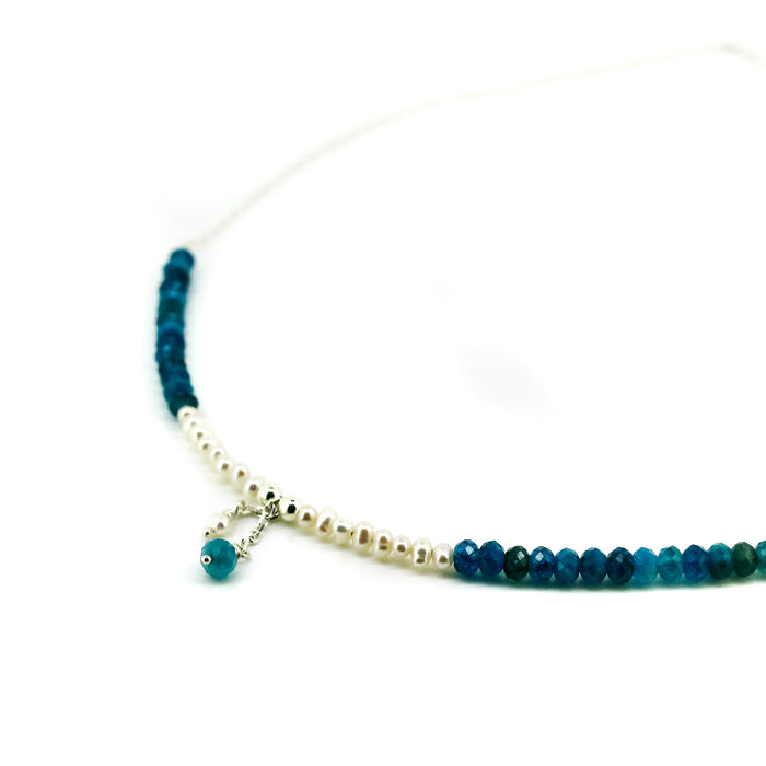 dainty silver chain necklace with blue apatite gemstones and pearls
