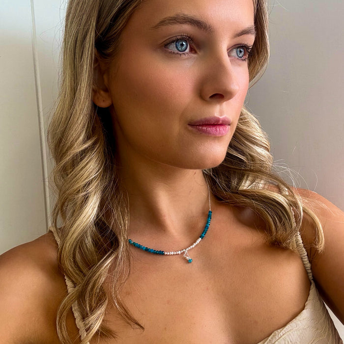 Australian beach jewellery pearl necklace with blue apatite