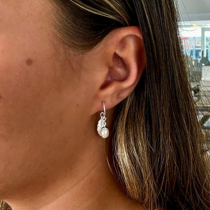 Ocean Whisper pearl and feather earrings in 925 sterling silver designed in Broome Western Australia