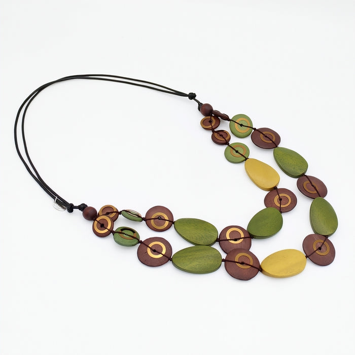 Layered olive green, mustard and brown wood statement necklace angled view