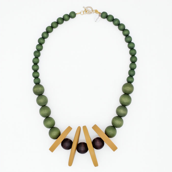 Olive green wood and mustard resin statement necklace on white background