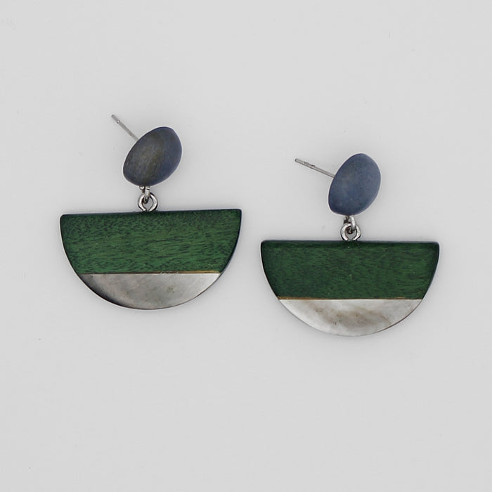 Olive Wood and Shell Half Moon Earrings - Sylca Designs - Chunky Jewelry
