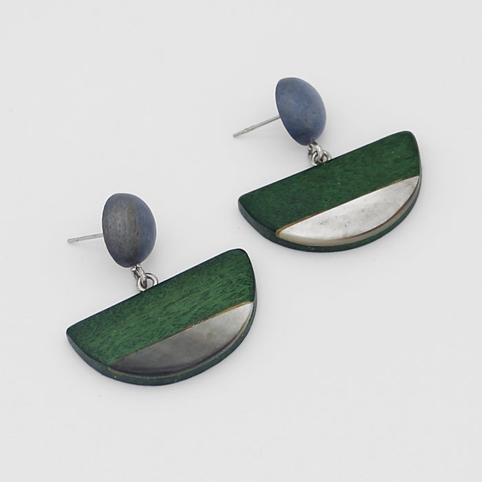 Olive Wood and Shell Half Moon Earrings - Sylca Designs - Chunky Jewelry