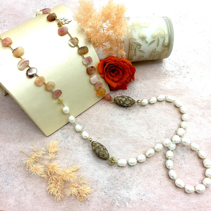 Orange Agate With Freshwater Pearls And Rhinestones Multi-Way Necklace AN002 - FARRA
