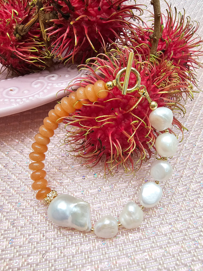 Orange Aventurine With Freshwater Baroque Pearl Bracelet SB003