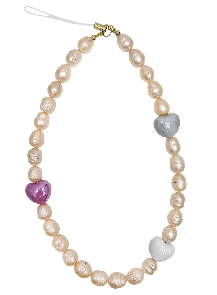 Orange Freshwater Pearls With Hearts Phone Strap PC002