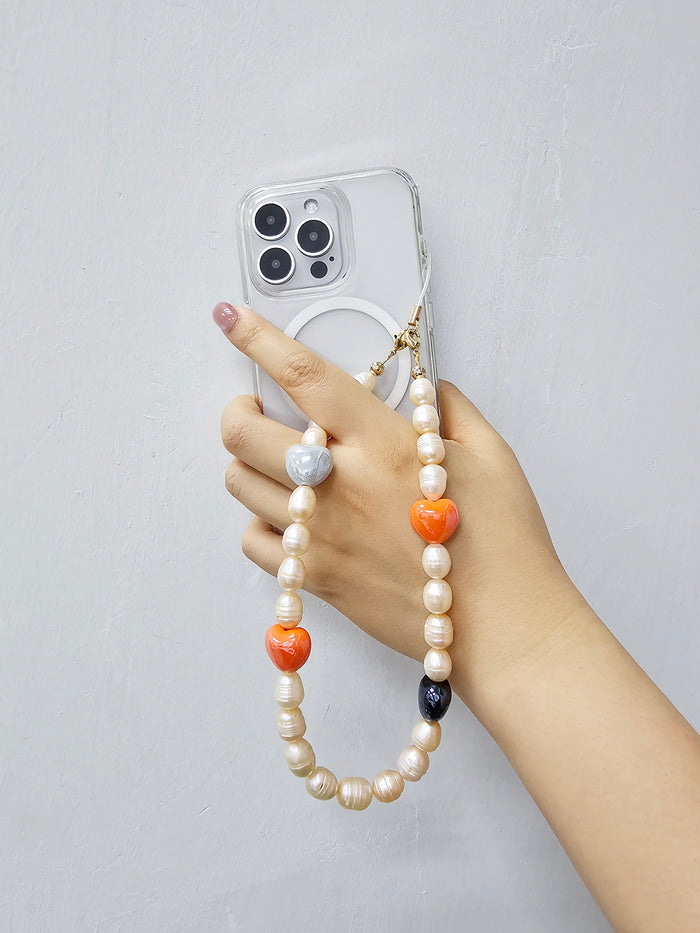 Orange Freshwater Pearls With Orange Ceramic Hearts Lovely Phone Strap PC046