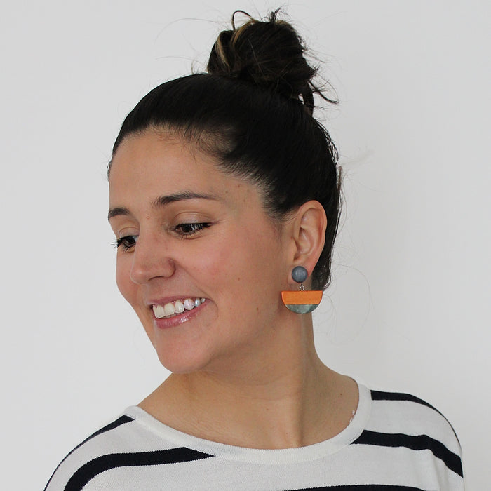 Orange Wood and Shell Half Moon Earrings - Sylca Designs - Chunky Jewelry