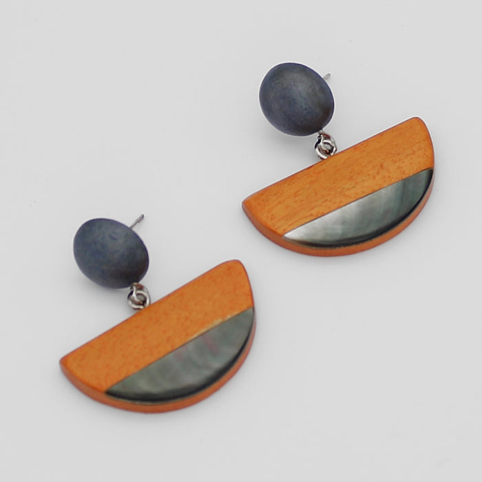 Orange Wood and Shell Half Moon Earrings - Sylca Designs - Chunky Jewelry