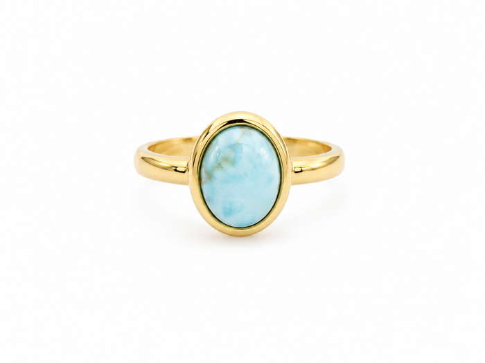 Oval Larimar Ring in gold vermeil featuring a genuine oval blue Larimar gemstone