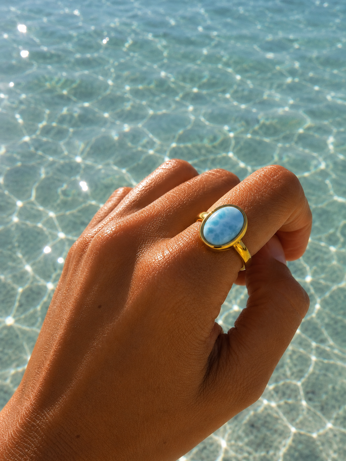 Oval Larimar Ring Gold | Gold Vermeil Larimar Gemstone Ring