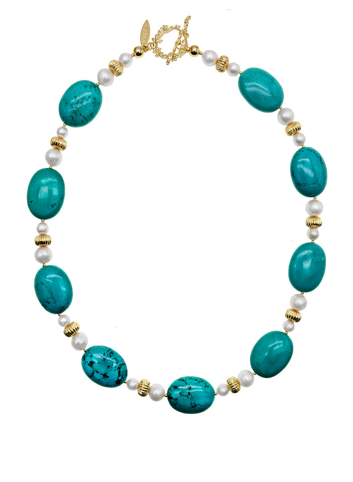 Oval Turquoise & Freshwater Pearls Statement Necklace KN009 - FARRA