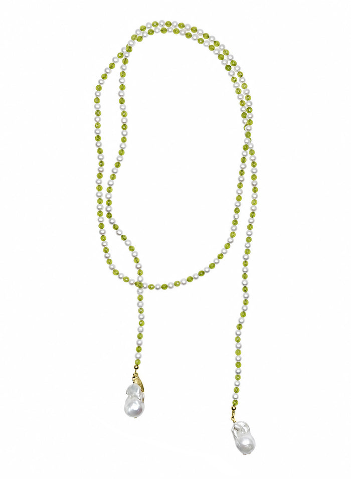 Pearl And Green Agate With Baroque Pearl Drops Open Ended Long Necklace SN036