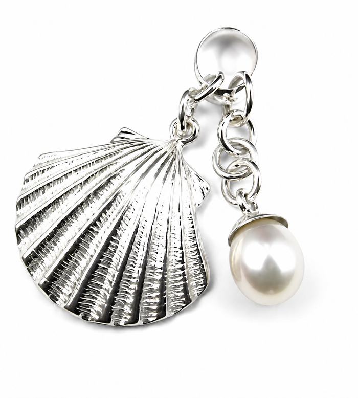 Pearl and Seashell Sterling Silver Pendant featuring a genuine freshwater pearl and shell-inspired design