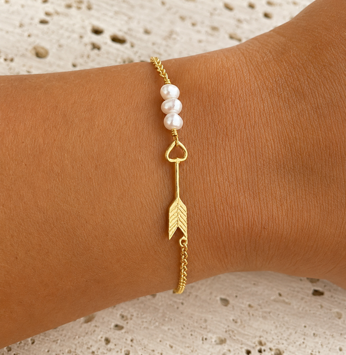 Gold vermeil freshwater pearl arrow bracelet in 925 sterling silver designed in Broome Western Australia