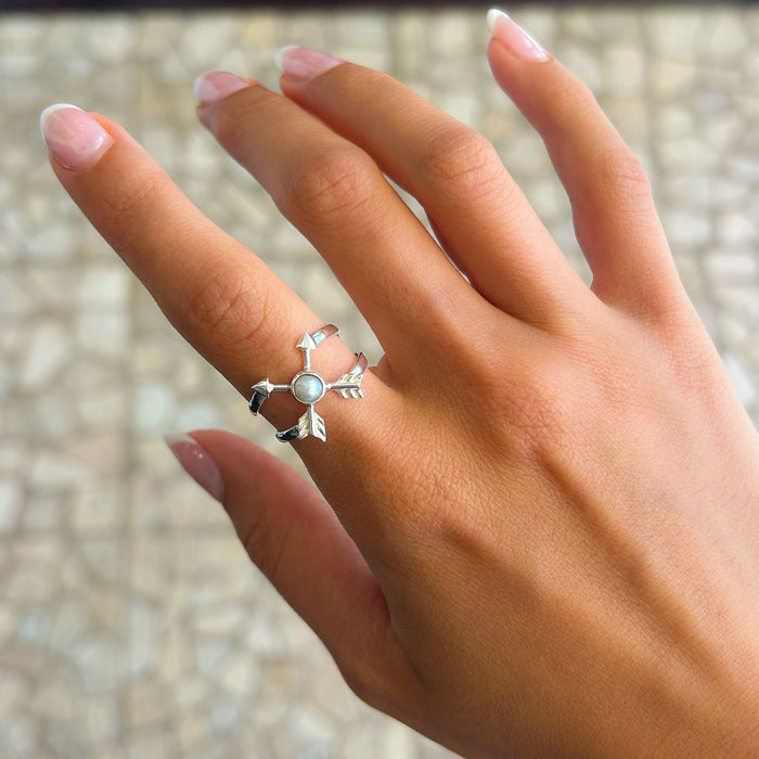 Silver ring designed in arrow shape designed in broome with pearl