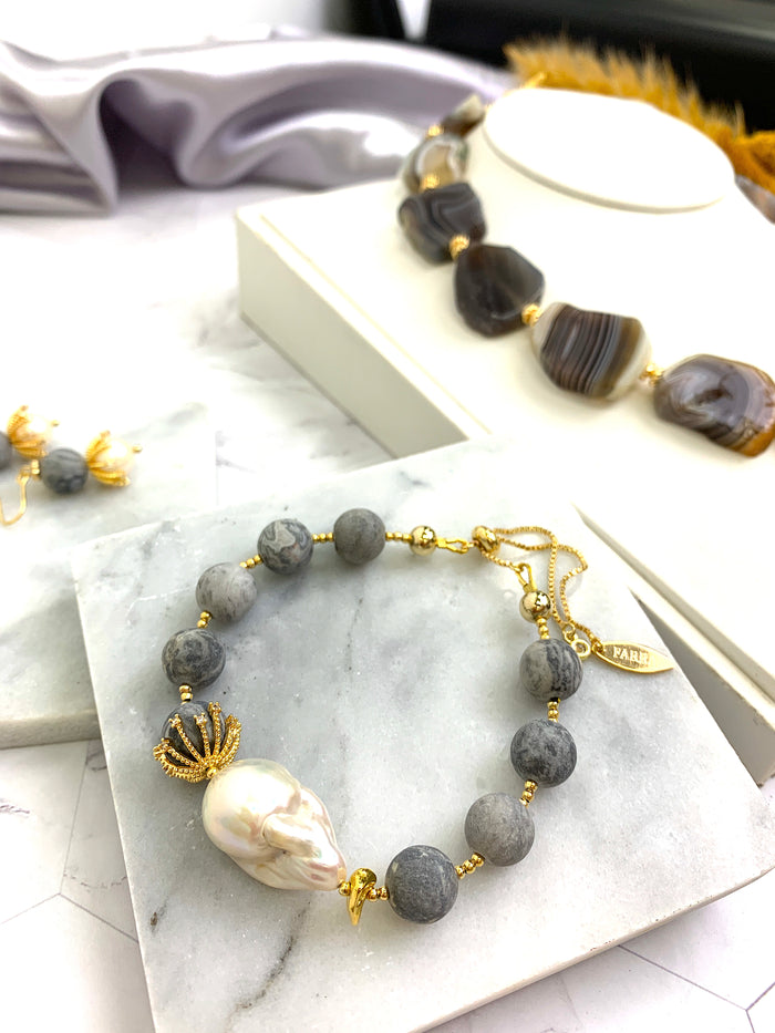 Picasso Jasper With Baroque Pearl Adjustable Bracelet HB004 - FARRA