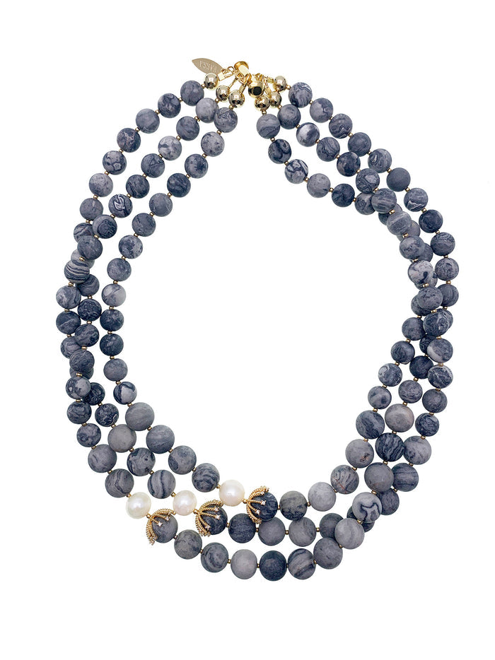 Picasso Jasper With White Pearls Multi-layers Necklace HN023 - FARRA