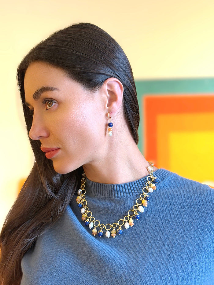 Pierced-Free Lapis Colorful Gemstone With Pearl Gold Clip-On Earrings SE011