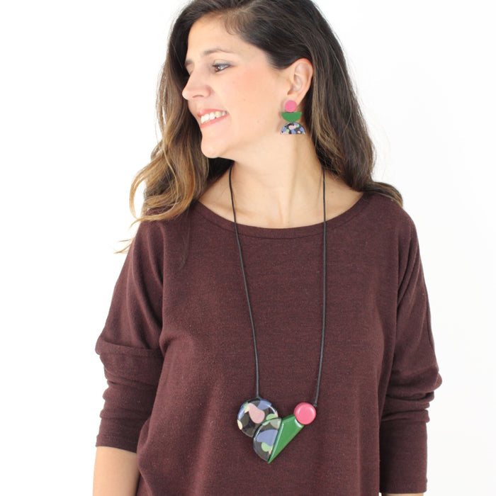 Pink and Green Geometric Adina Pendant Necklace - Sylca Designs - Chunky Jewelry