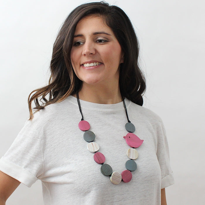 Pink Beaded Robin Necklace - Sylca Designs - Chunky Jewelry